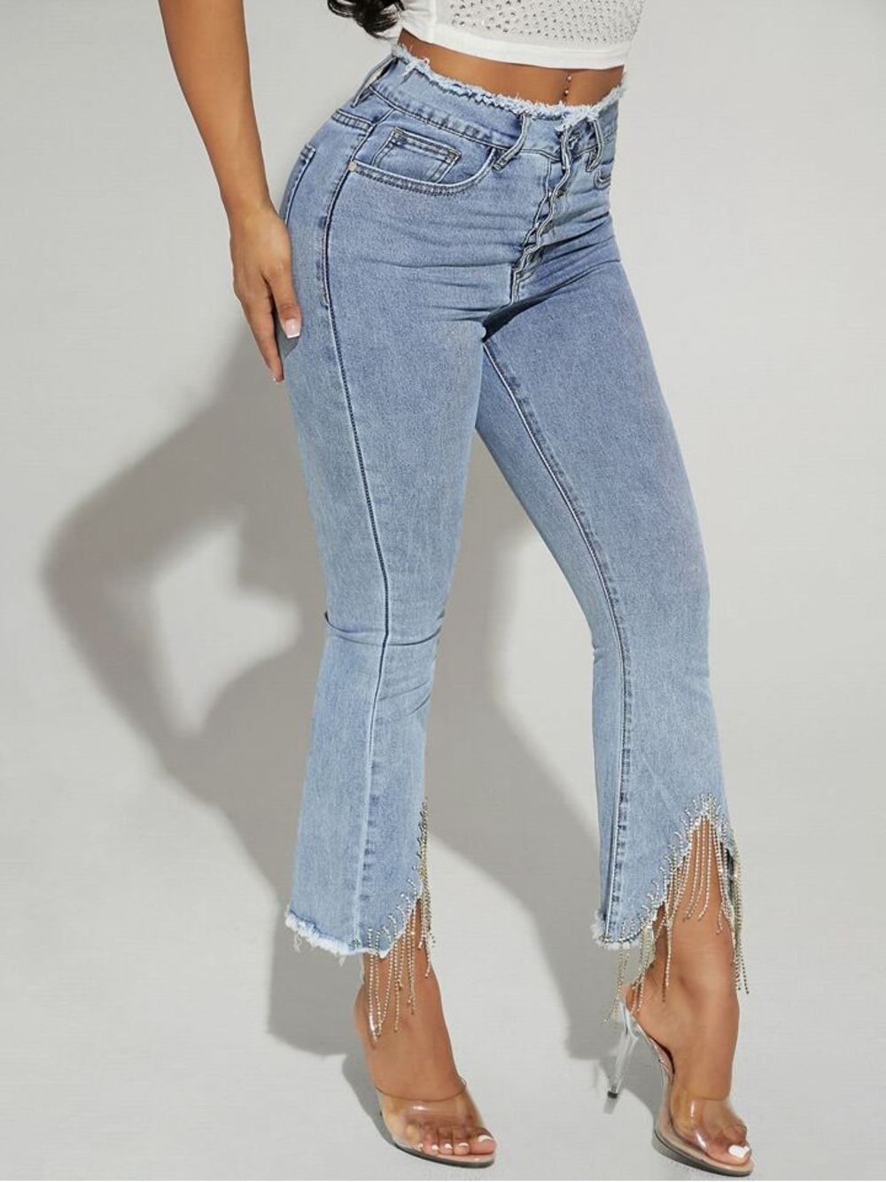 High Rise Rhinestones Fringe Jeans - Picture 5 of 6